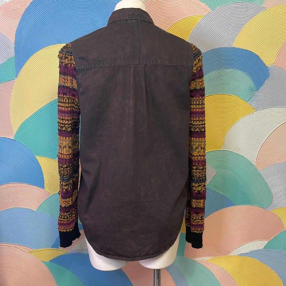 RARE Free People grey Button Down Sweater with purple & yellow knit distressed