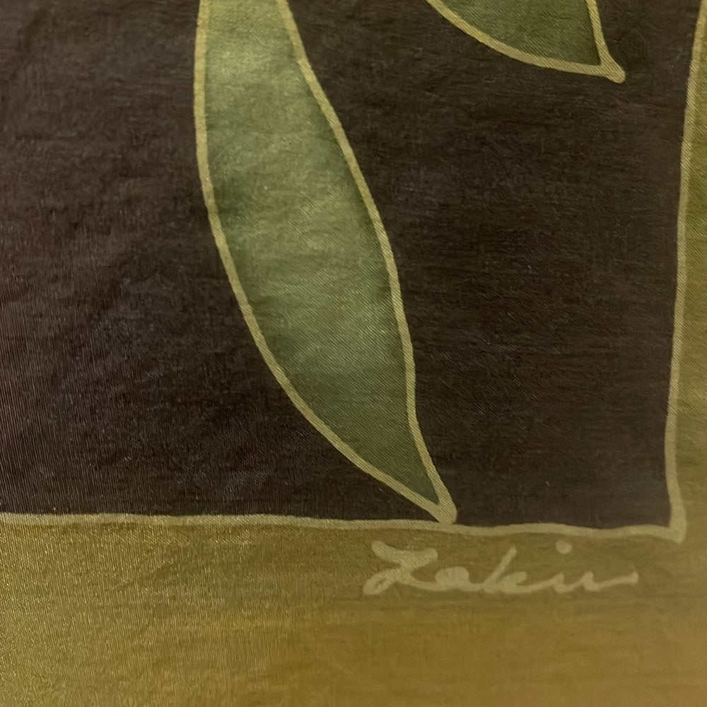 Vintage hand painted artist signed silk green black floral scarf rare handrolled