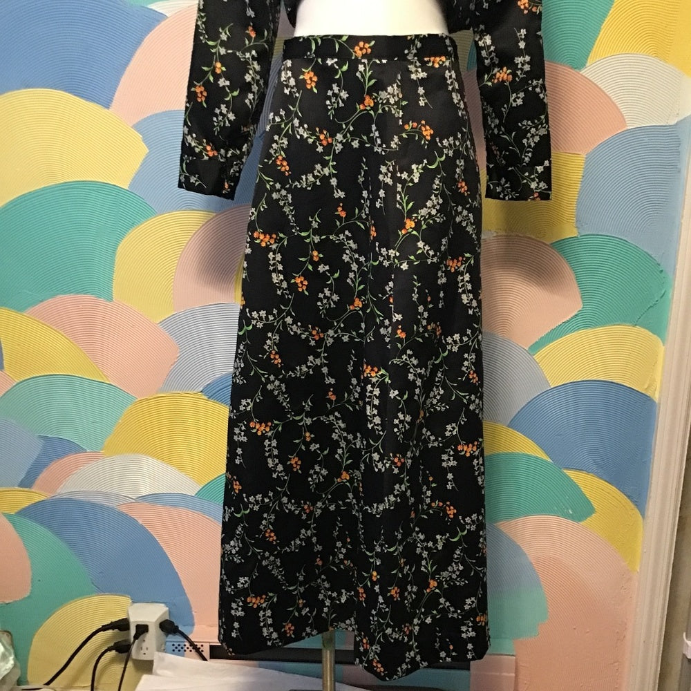 Hand made 2 piece Long sleeve Floral shirt with long skirt color black