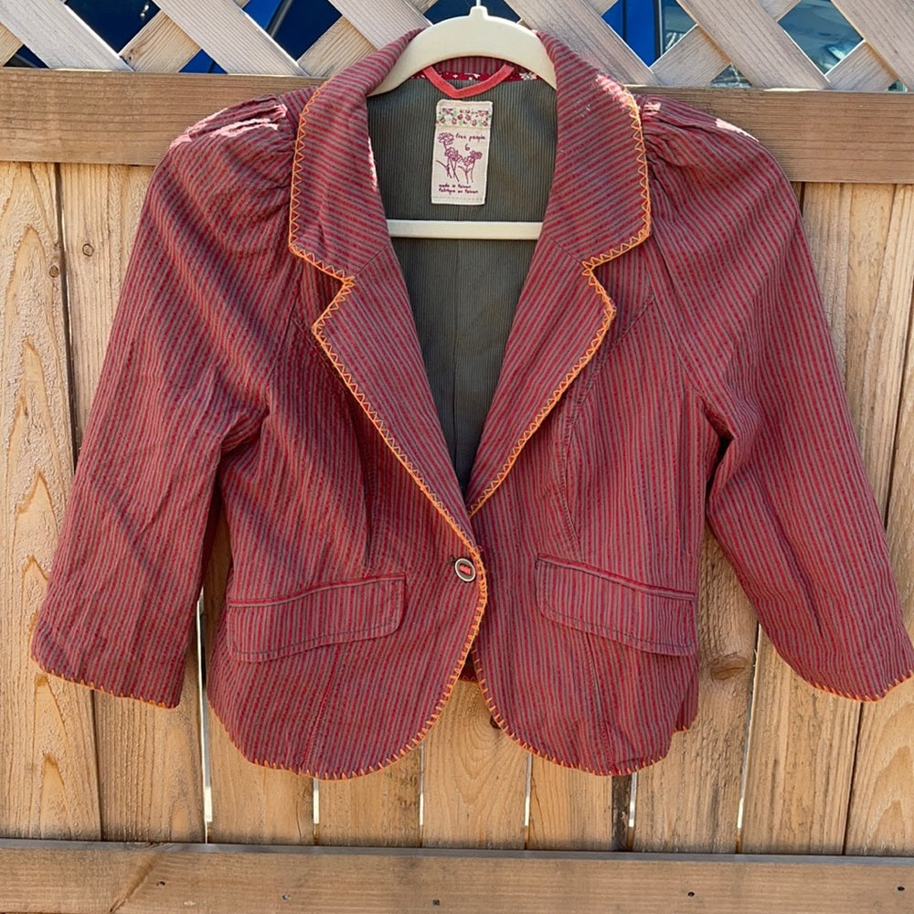 Free people Rare crop jacket Sz 6 pockets red and tan stripes w/orange stitching