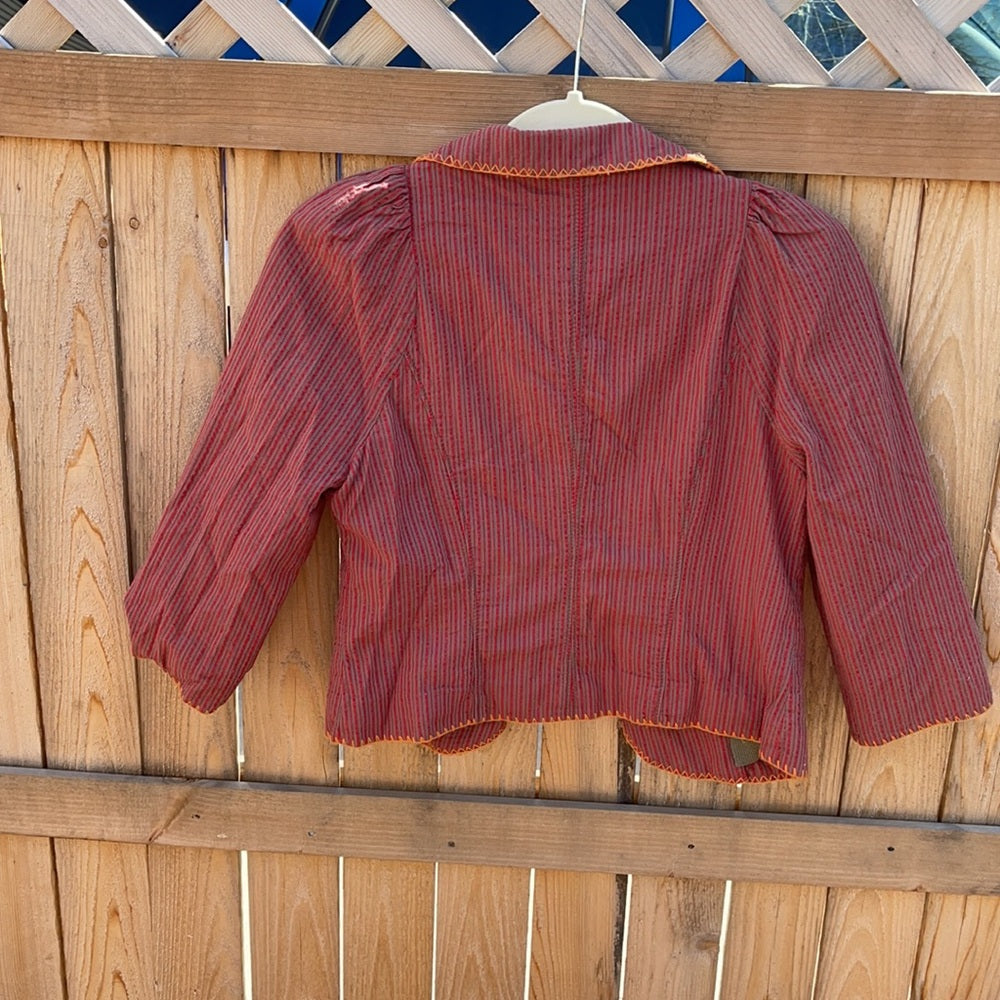 Free people Rare crop jacket Sz 6 pockets red and tan stripes w/orange stitching