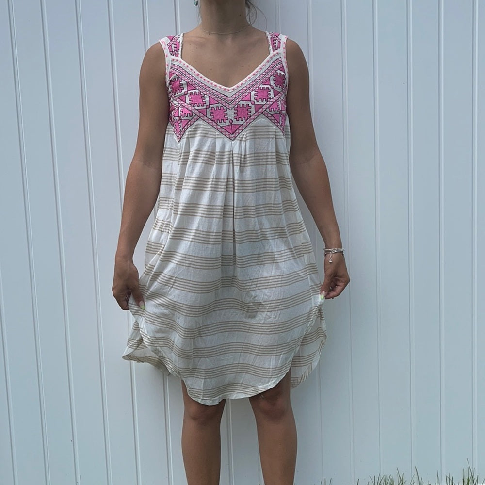 Free people NWT dress Embroidered pink coverup tan and white strips small