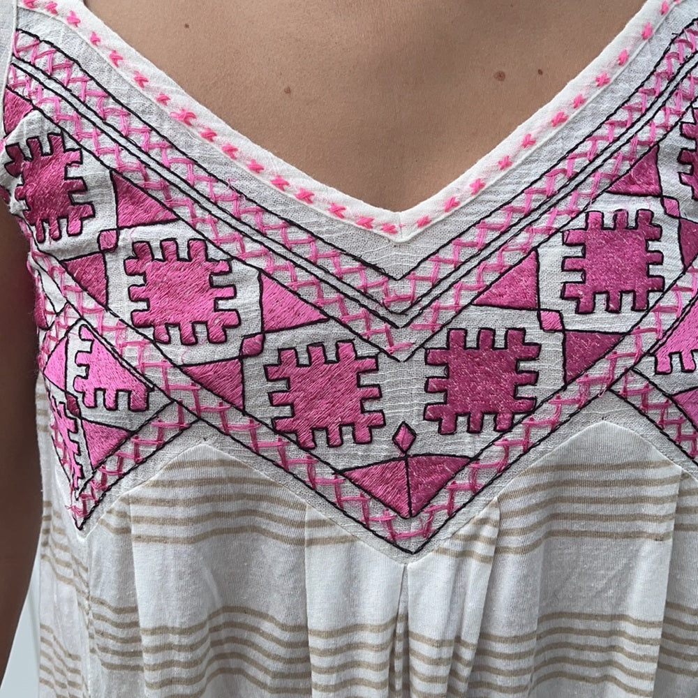 Free people NWT dress Embroidered pink coverup tan and white strips small