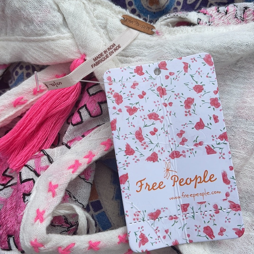 Free people NWT dress Embroidered pink coverup tan and white strips small
