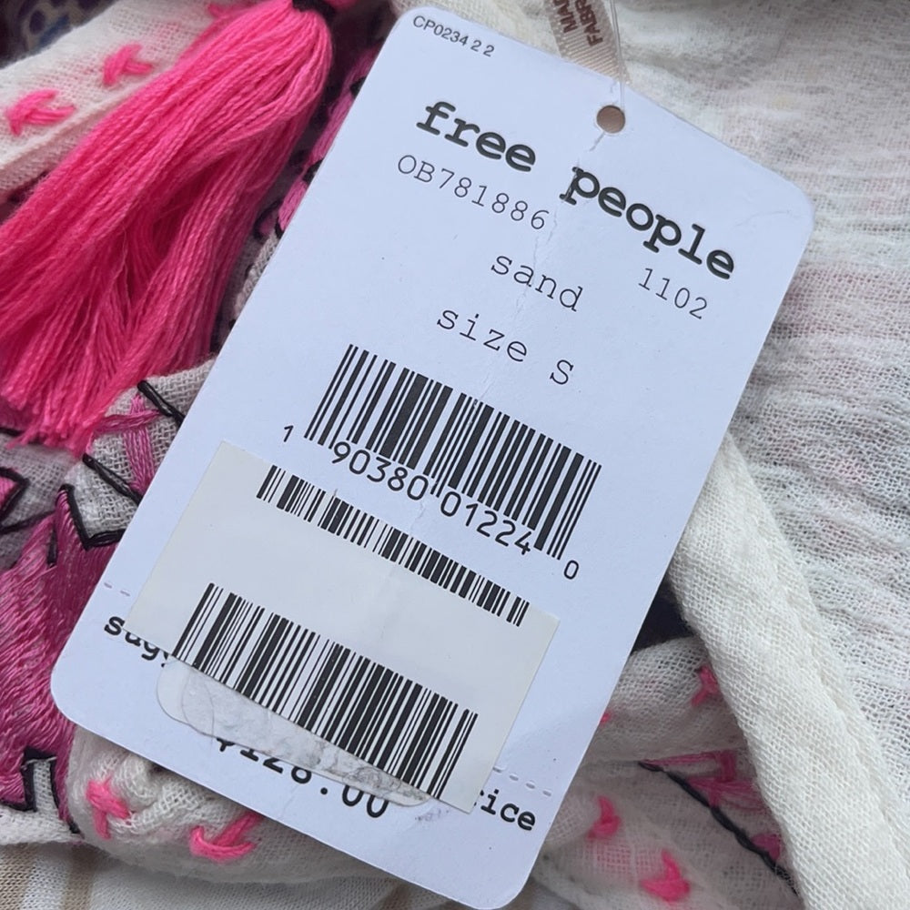 Free people NWT dress Embroidered pink coverup tan and white strips small