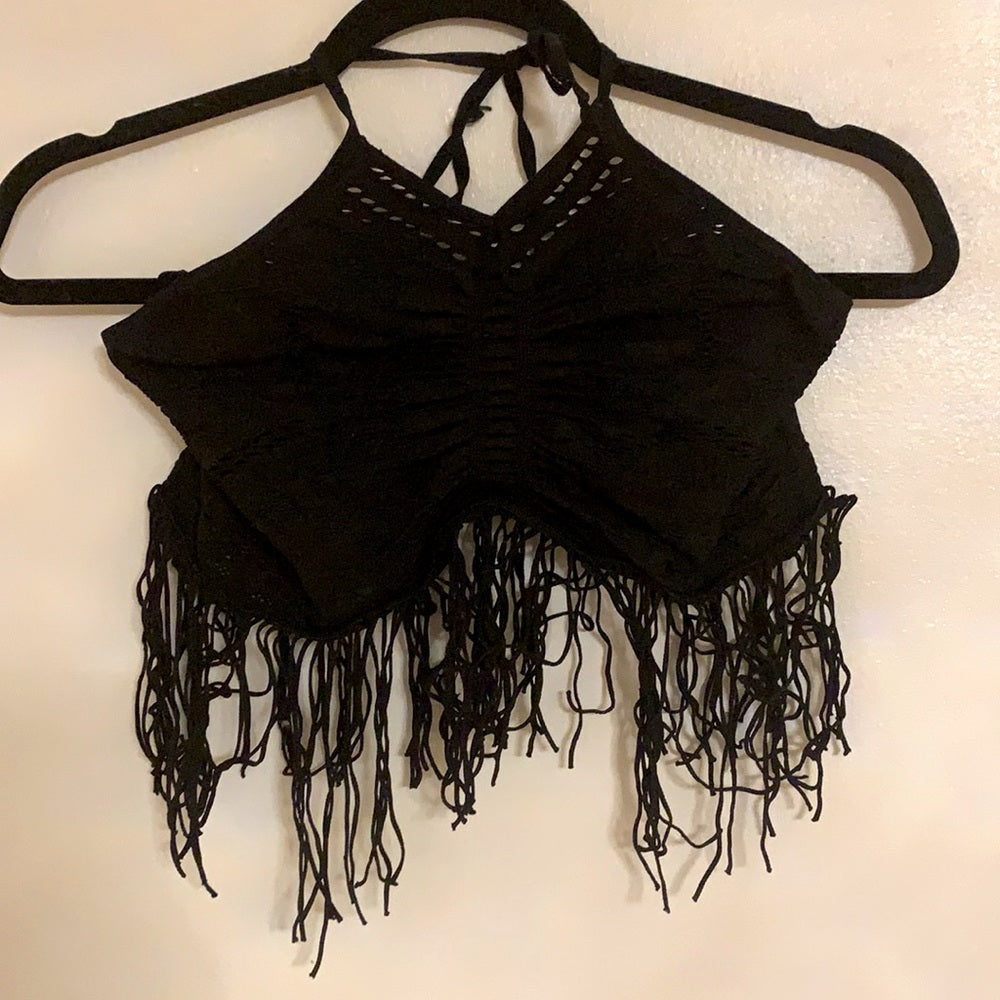 Free People Fun Halter Tassel Black Crop Top sizeM
