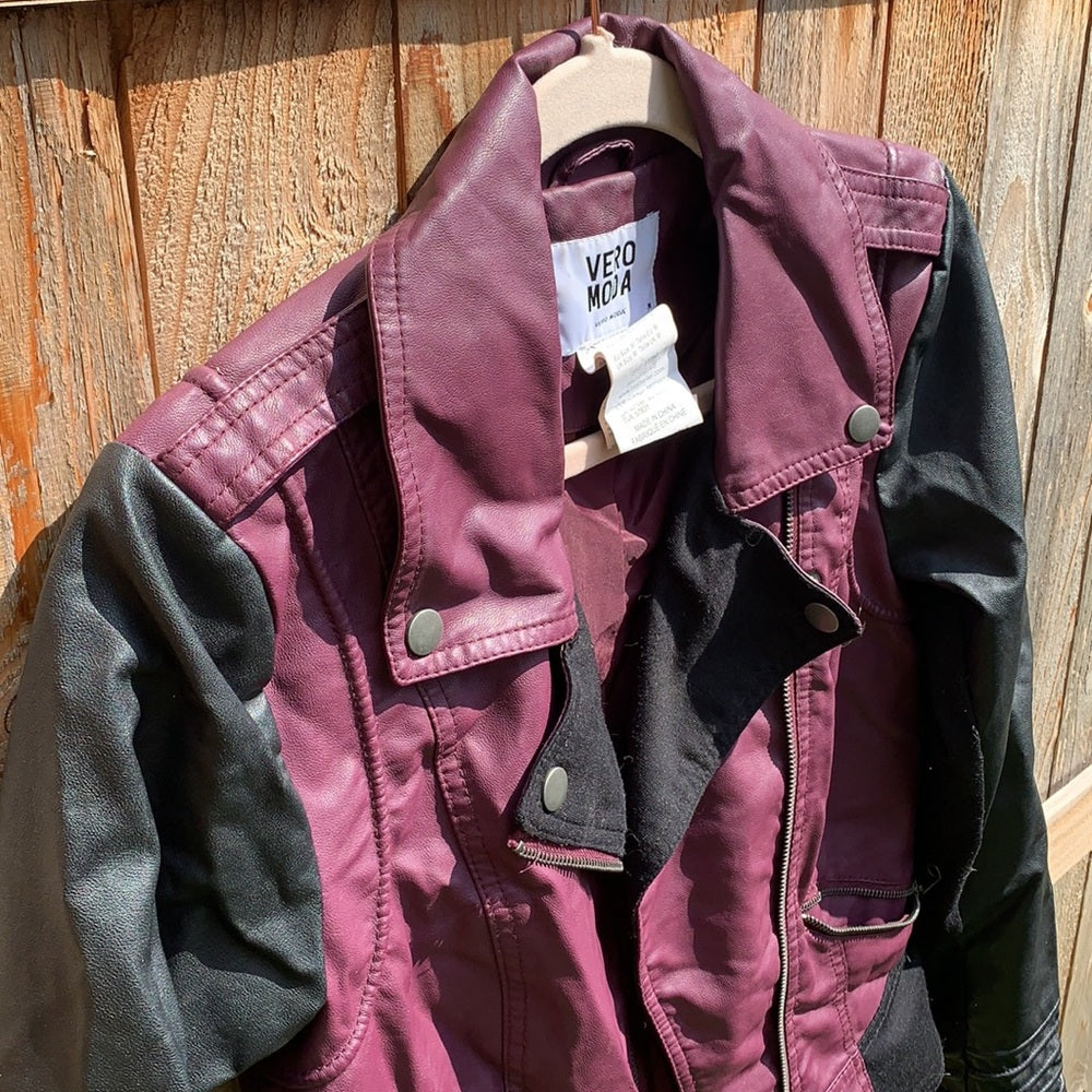 Faux Leather Maroon Bomber Jacket sz M