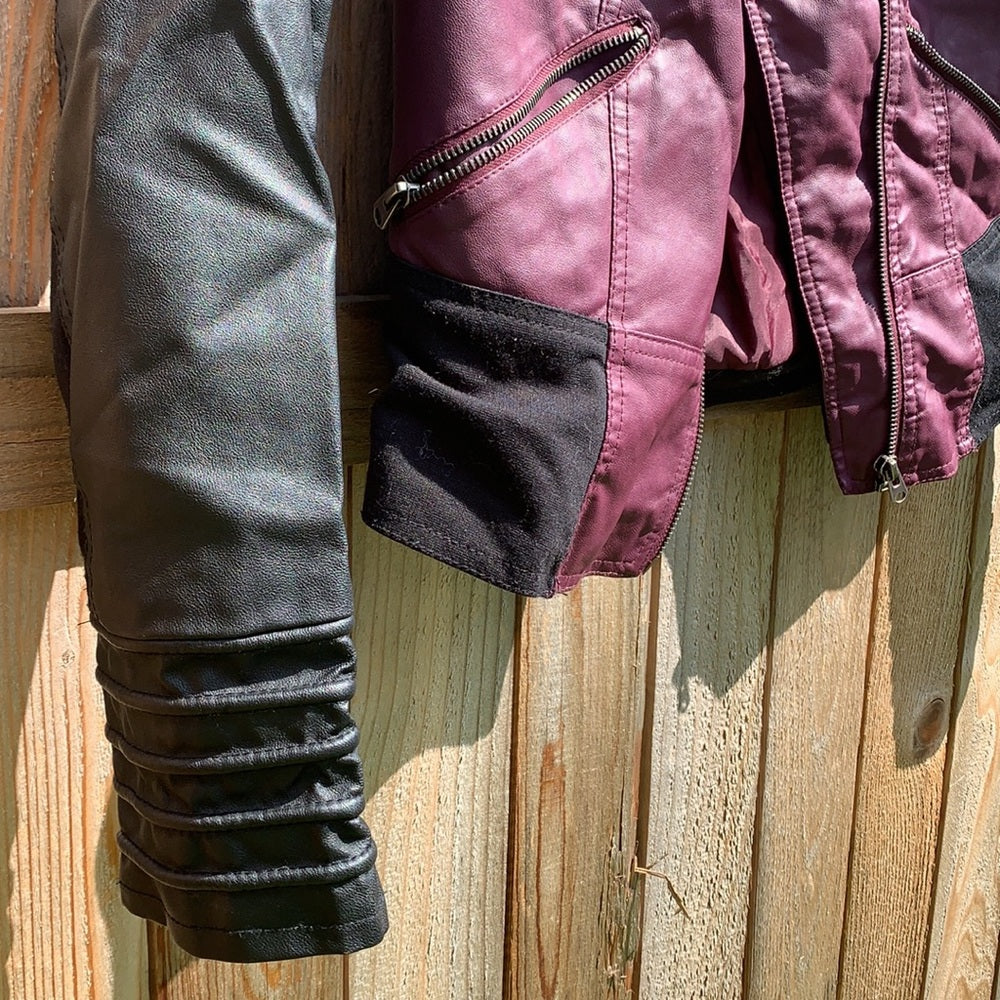 Faux Leather Maroon Bomber Jacket sz M