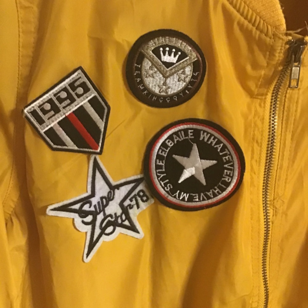 Vintage Glitz Gold Windbreaker With Patches & Pockets sleeve pocket