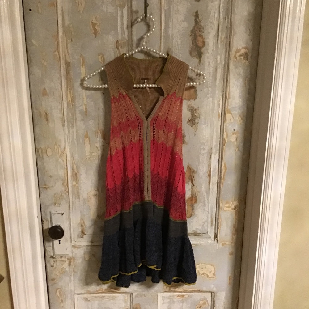 Free People multi color pink yellow blue top Sz M hook and eye corset front