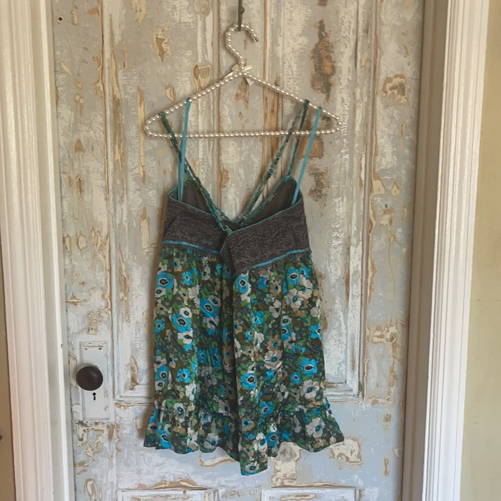 Vintage Free People flower blue & green  satin top night gown sz10 grey lace top