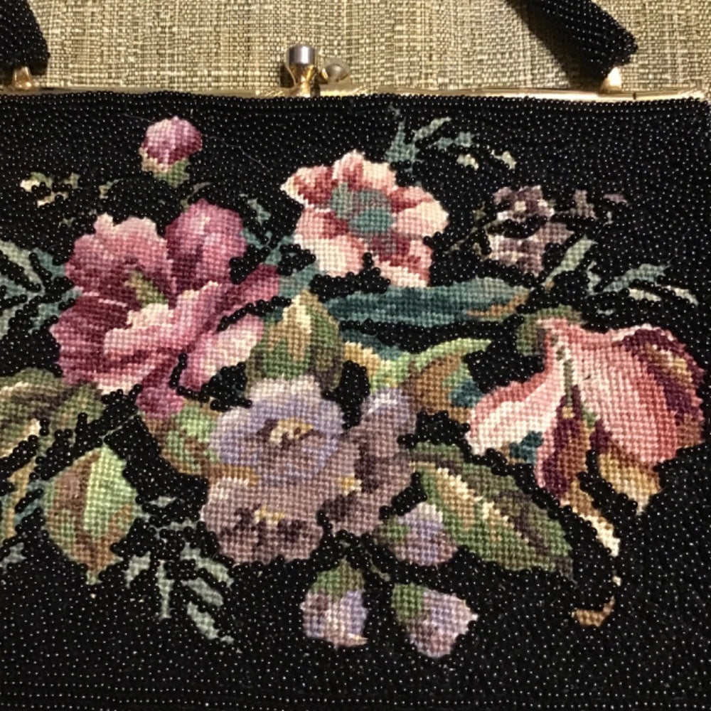 Creation of Kishua’s purse full glass beaded tapestry embroidered flowers gold
