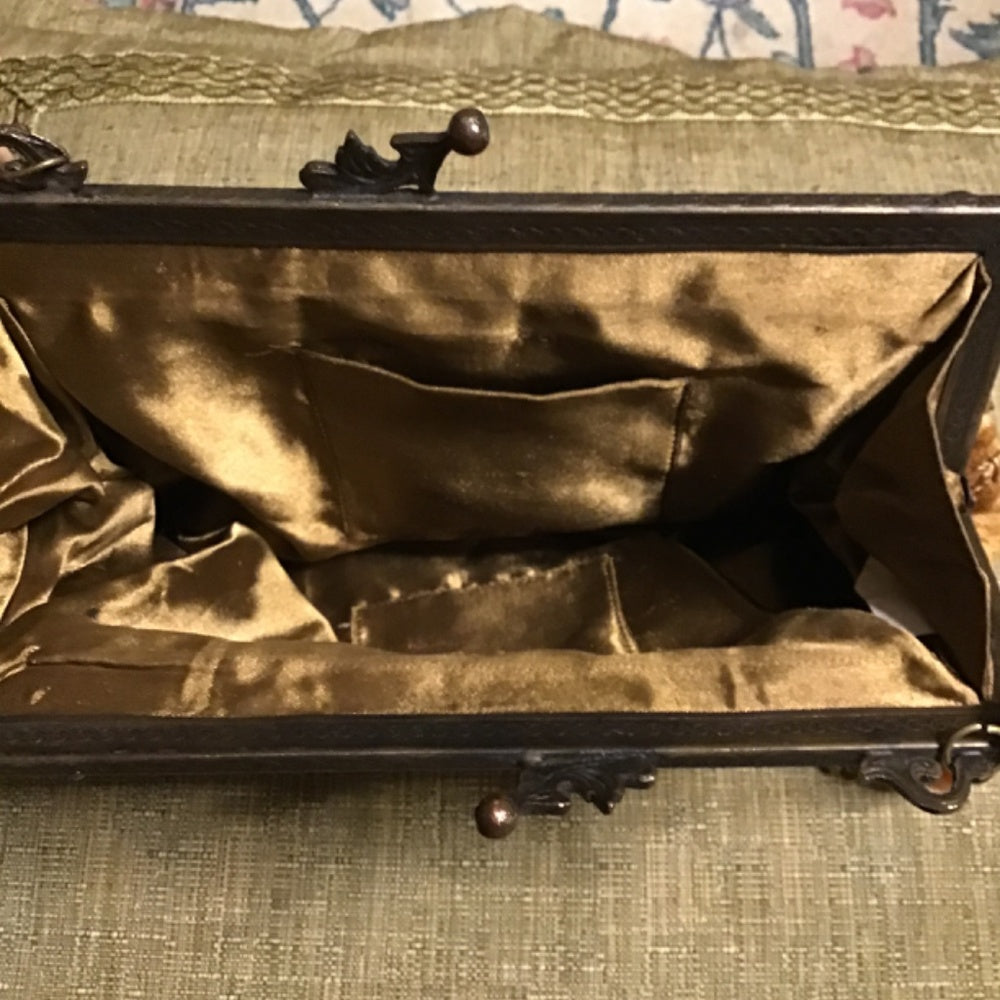 Hand made in India Purse velvet embroidered glass beads sequins Victorian brass