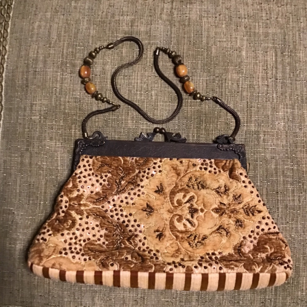 Hand made in India Purse velvet embroidered glass beads sequins Victorian brass