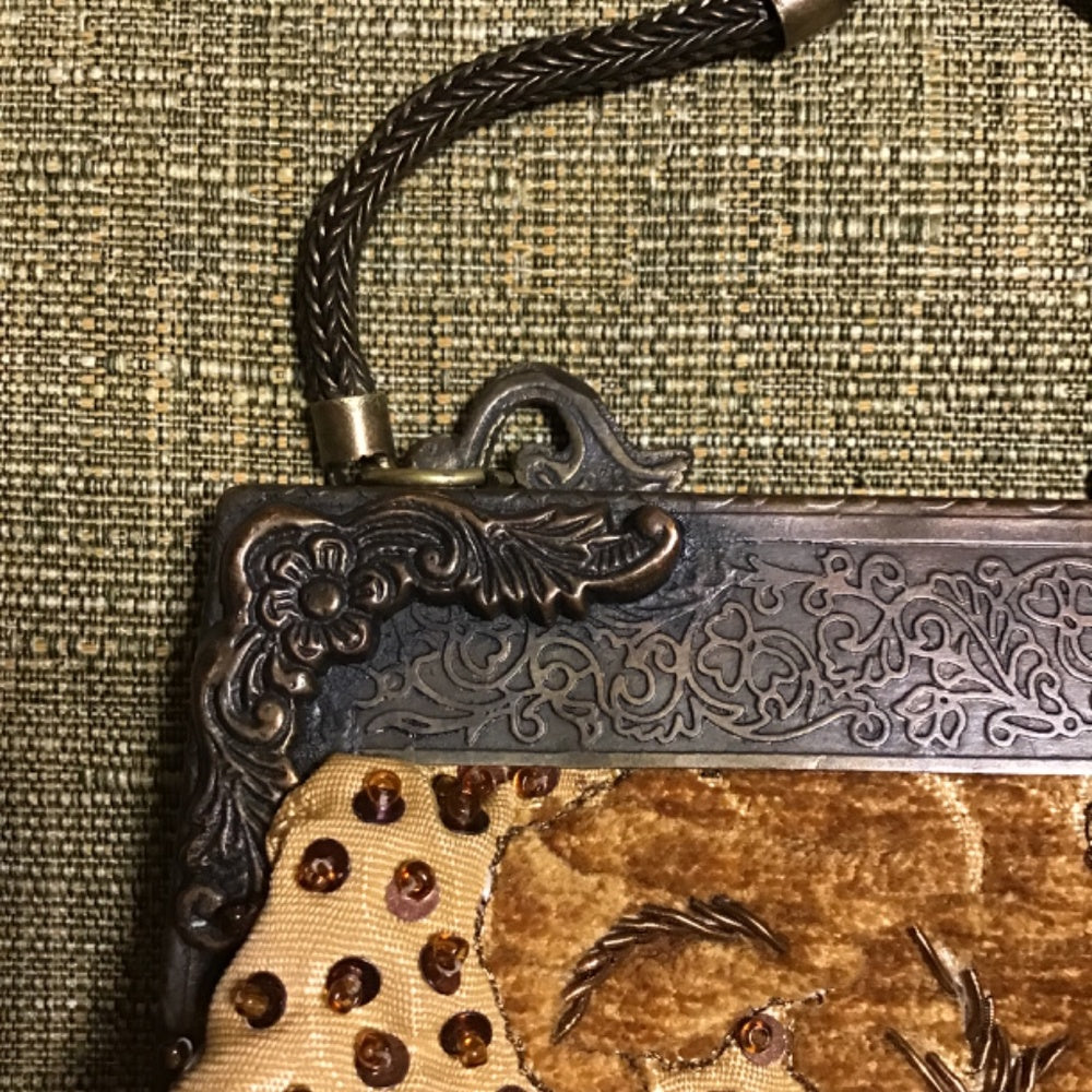 Hand made in India Purse velvet embroidered glass beads sequins Victorian brass