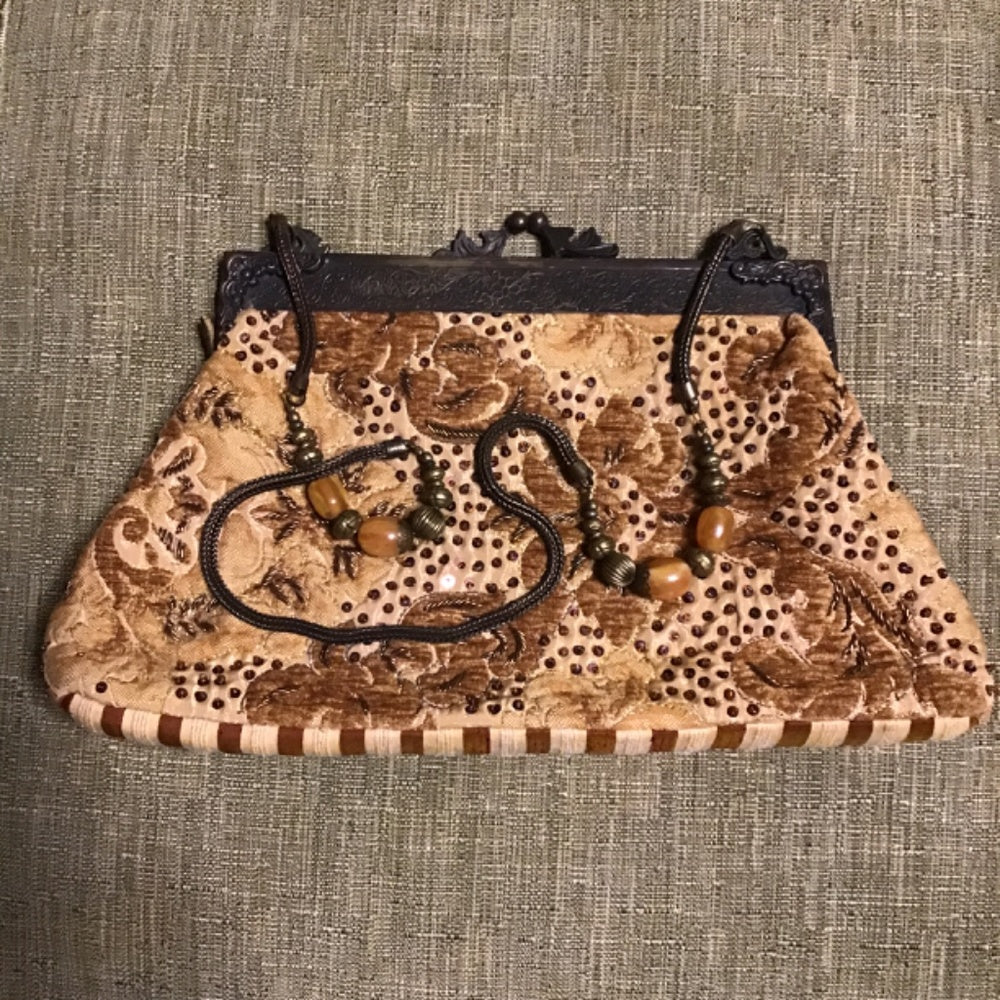 Hand made in India Purse velvet embroidered glass beads sequins Victorian brass