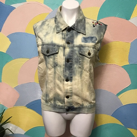 H&M Edgy Bold bleach  Denim  Sleeveless vest size M colorful handmade details