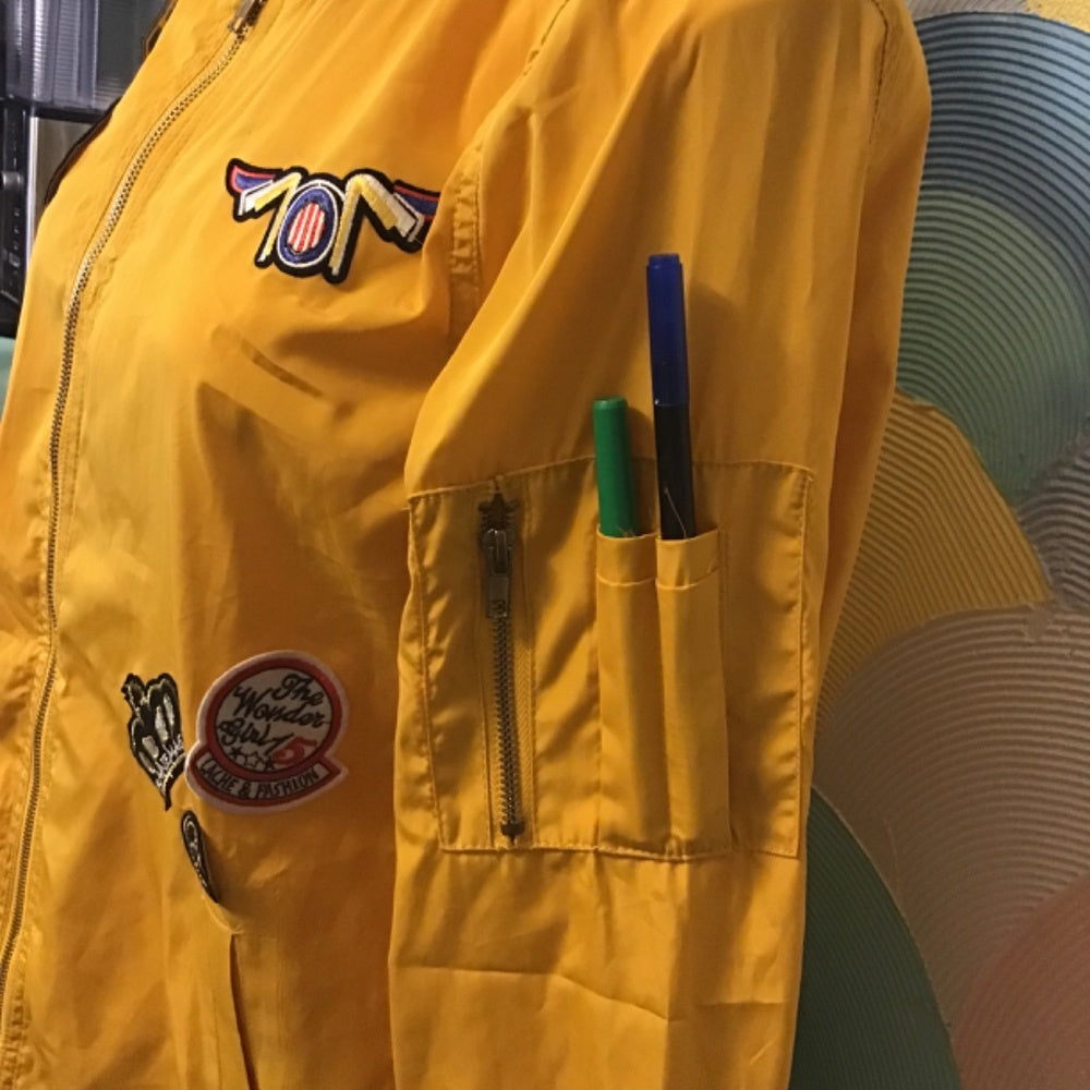 Vintage Glitz Gold Windbreaker With Patches & Pockets sleeve pocket