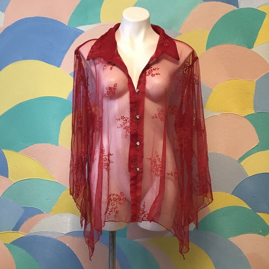 Studio 1940 red long sleeve blouse sparkly flowers and buttons.
