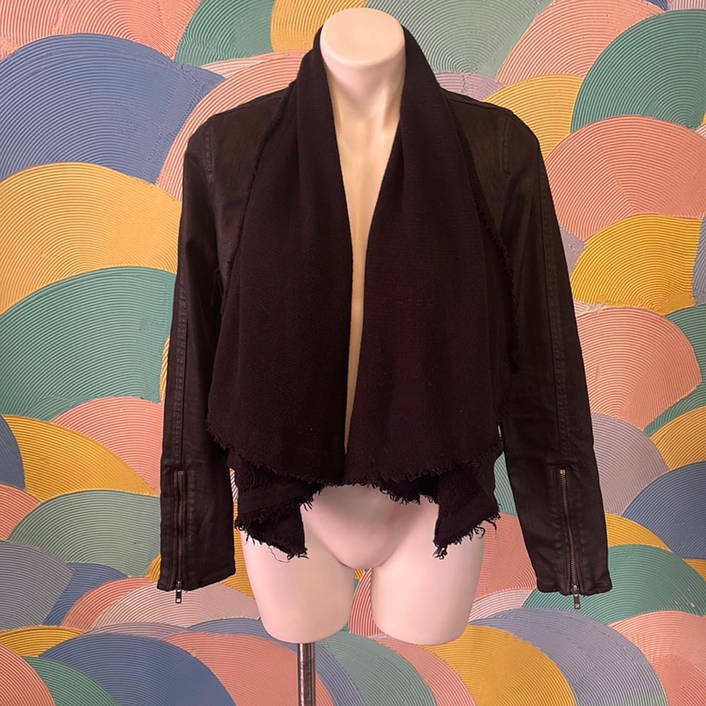 Free People Black vegan Leather denim Jacket with Shawl worn two ways sz2