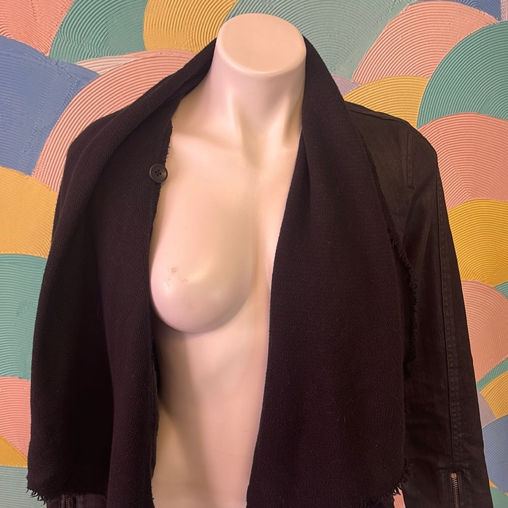 Free People Black vegan Leather denim Jacket with Shawl worn two ways sz2