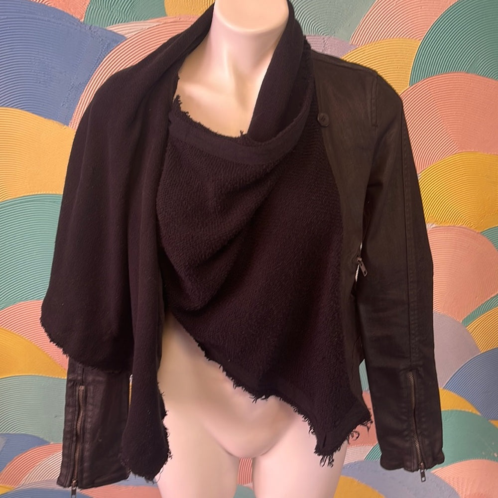 Free People Black vegan Leather denim Jacket with Shawl worn two ways sz2