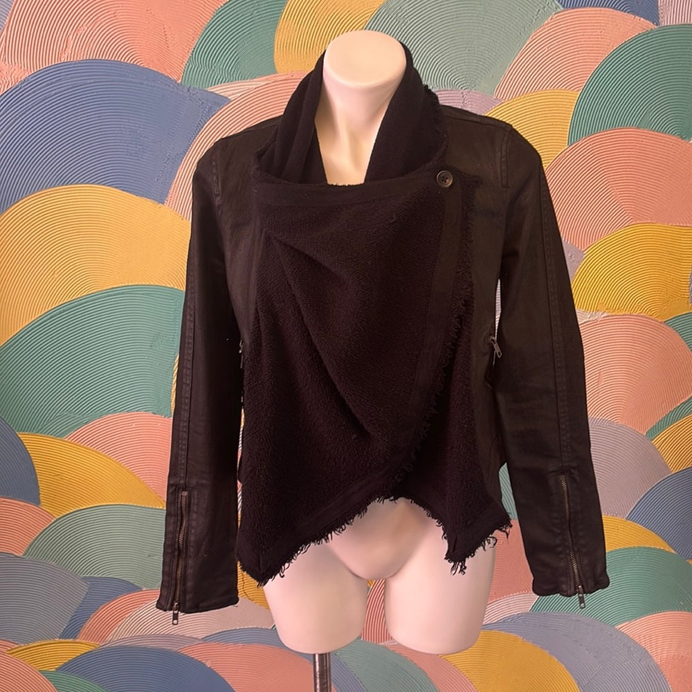 Free People Black vegan Leather denim Jacket with Shawl worn two ways sz2