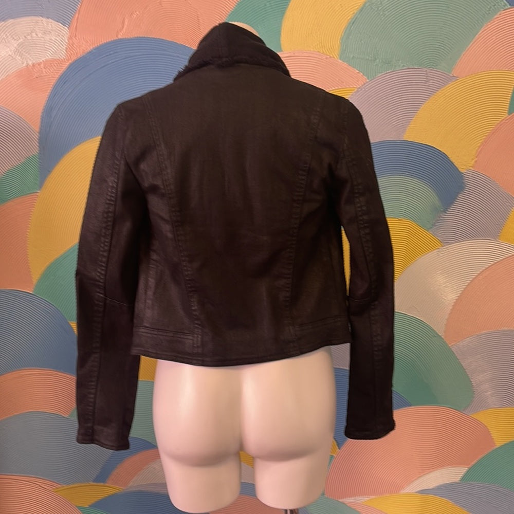 Free People Black vegan Leather denim Jacket with Shawl worn two ways sz2