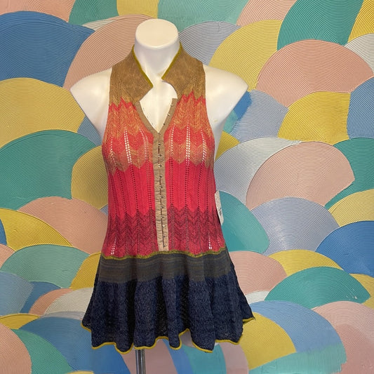 Free People multi color pink yellow blue top Sz M hook and eye corset front