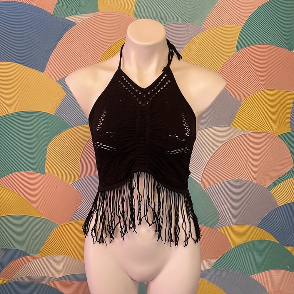 Free People Fun Halter Tassel Black Crop Top sizeM