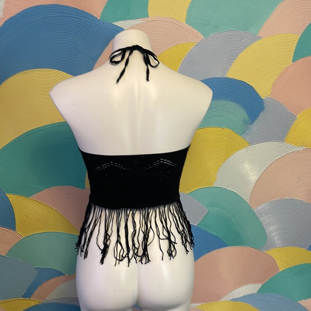 Free People Fun Halter Tassel Black Crop Top sizeM