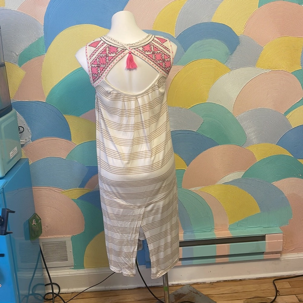 Free people NWT dress Embroidered pink coverup tan and white strips small