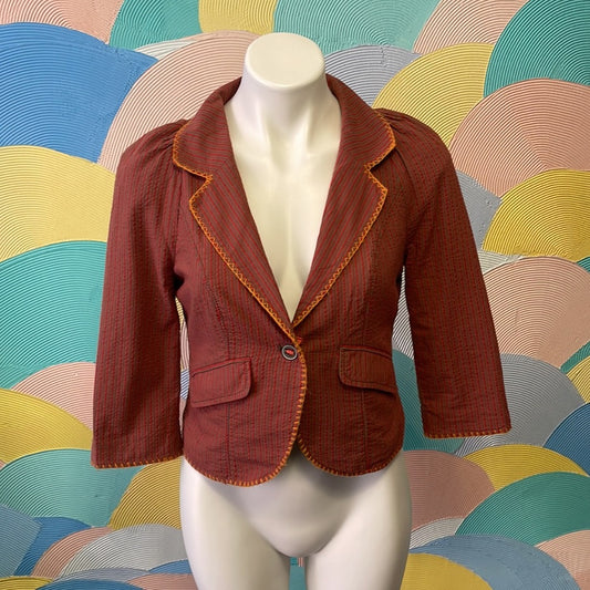 Free people Rare crop jacket Sz 6 pockets red and tan stripes w/orange stitching