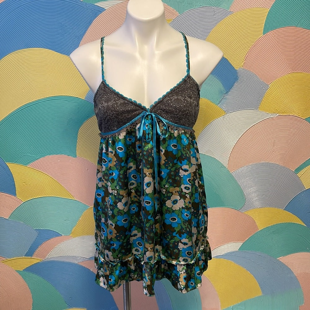 Vintage Free People flower blue & green  satin top night gown sz10 grey lace top