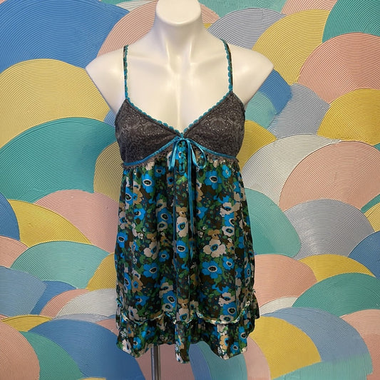 Vintage Free People flower blue & green  satin top night gown sz10 grey lace top
