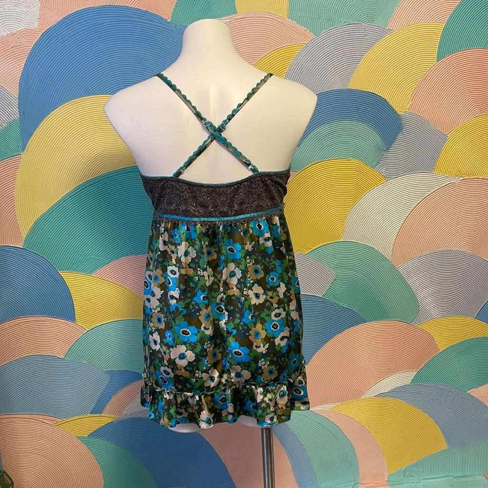 Vintage Free People flower blue & green  satin top night gown sz10 grey lace top