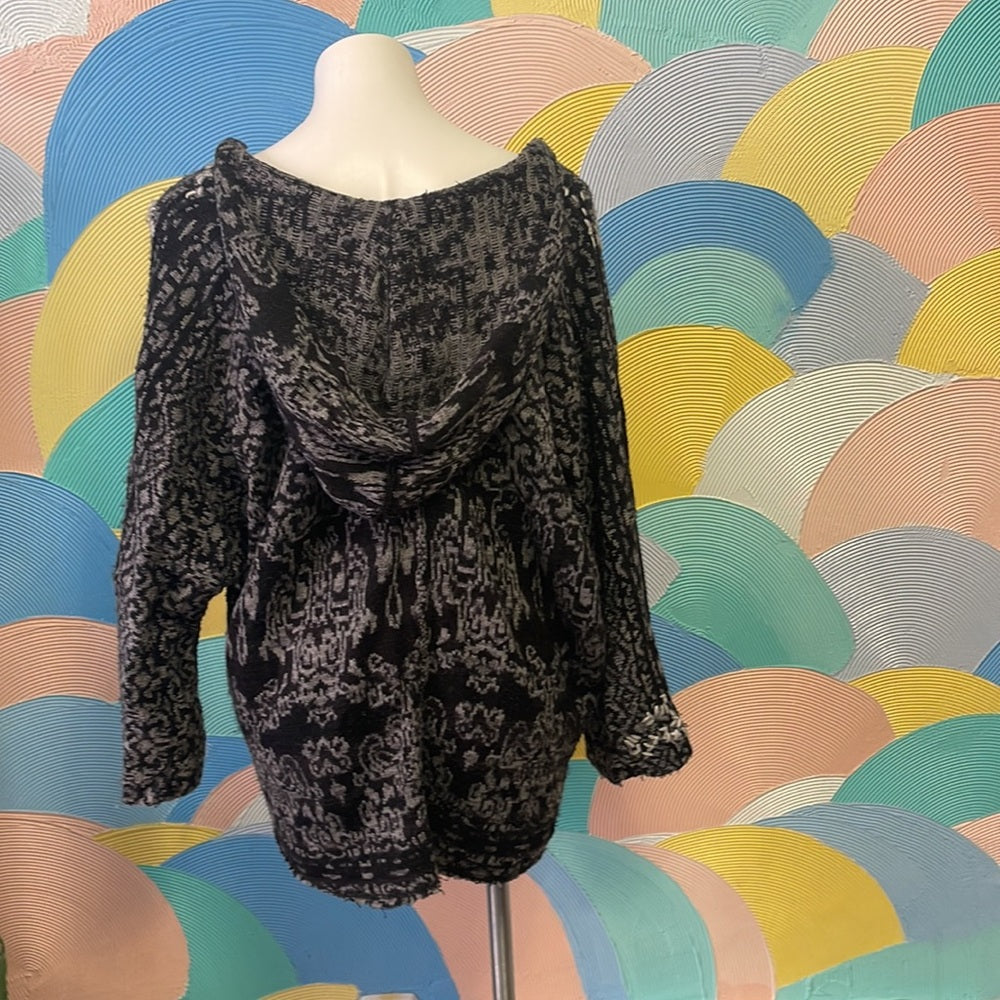 Free People Cozy Knit Pattern Scoop neck Sweater w/ hood sz small black and grey