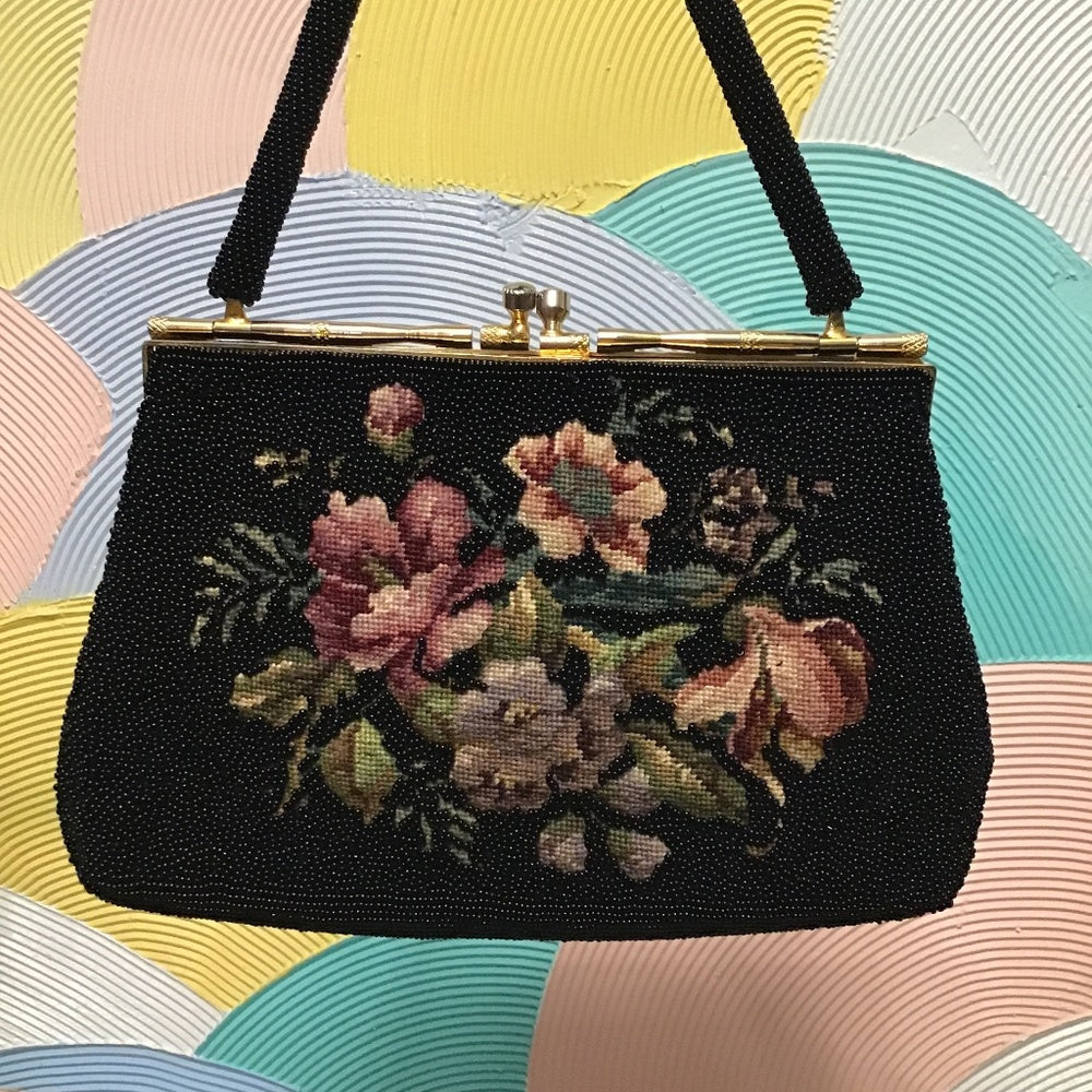 Creation of Kishua’s purse full glass beaded tapestry embroidered flowers gold