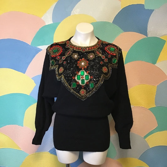 Vintage glass ruby beaded neck collar with gems Sz M lambwool angora hong kong