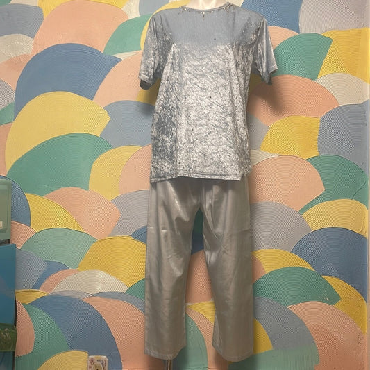 Velvet and satin pajamas set light blue with Pearls  and studs size Medium