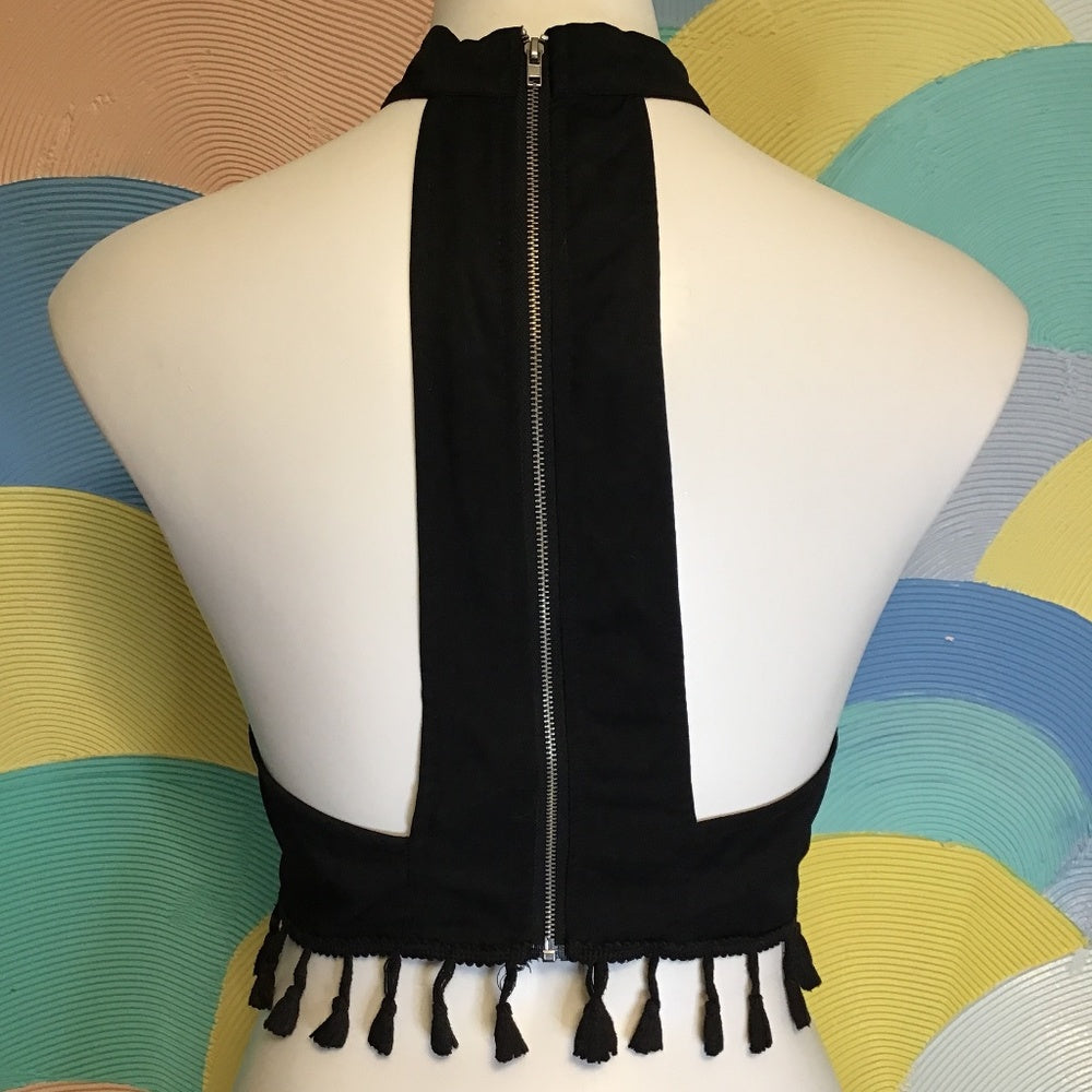 Solaris style Strappy Tassel Black Crop Top M