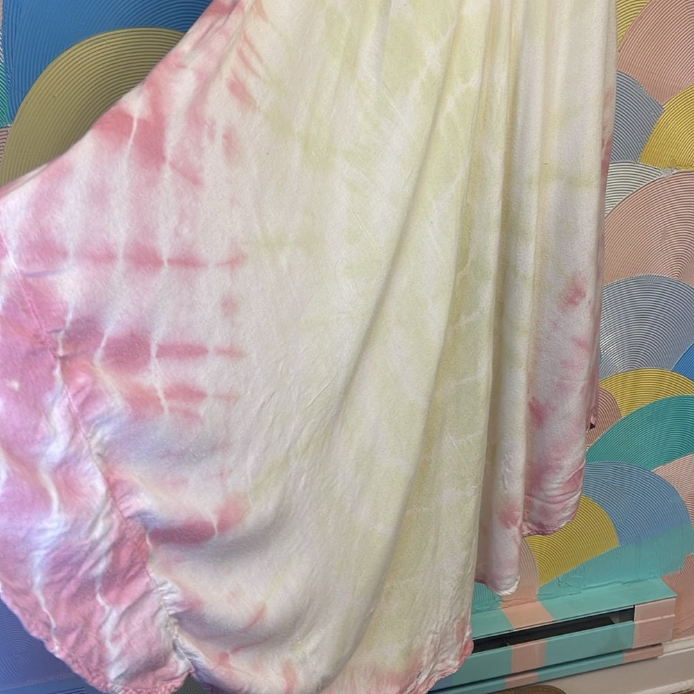 Long maxi, tie-dye cotton hippie dress, cascading, length large maternity