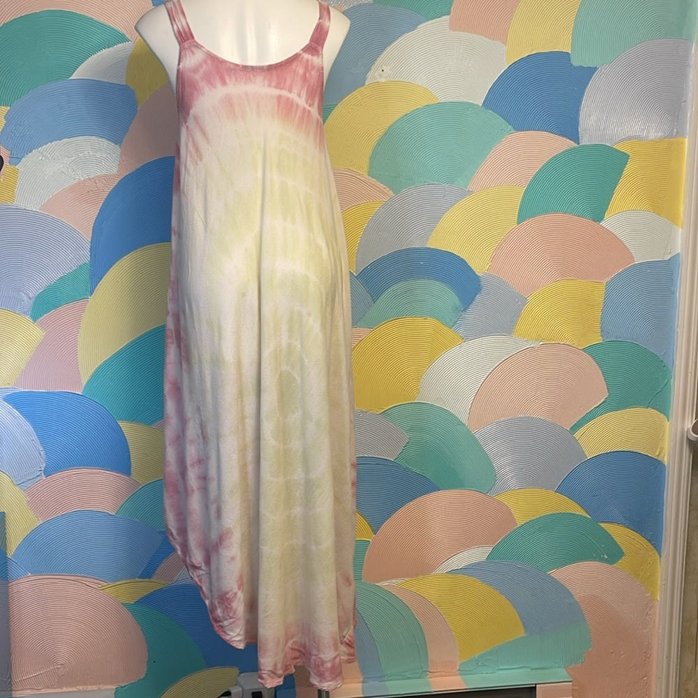 Long maxi, tie-dye cotton hippie dress, cascading, length large maternity