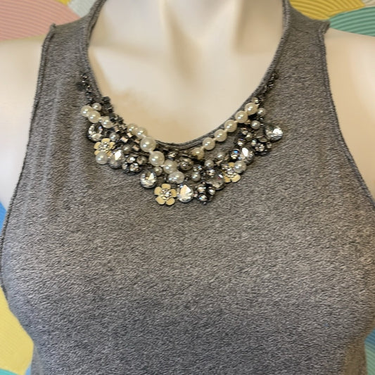 Abercrombie fitch xS gray tank top embellished neck pearls rhinestones  flowers