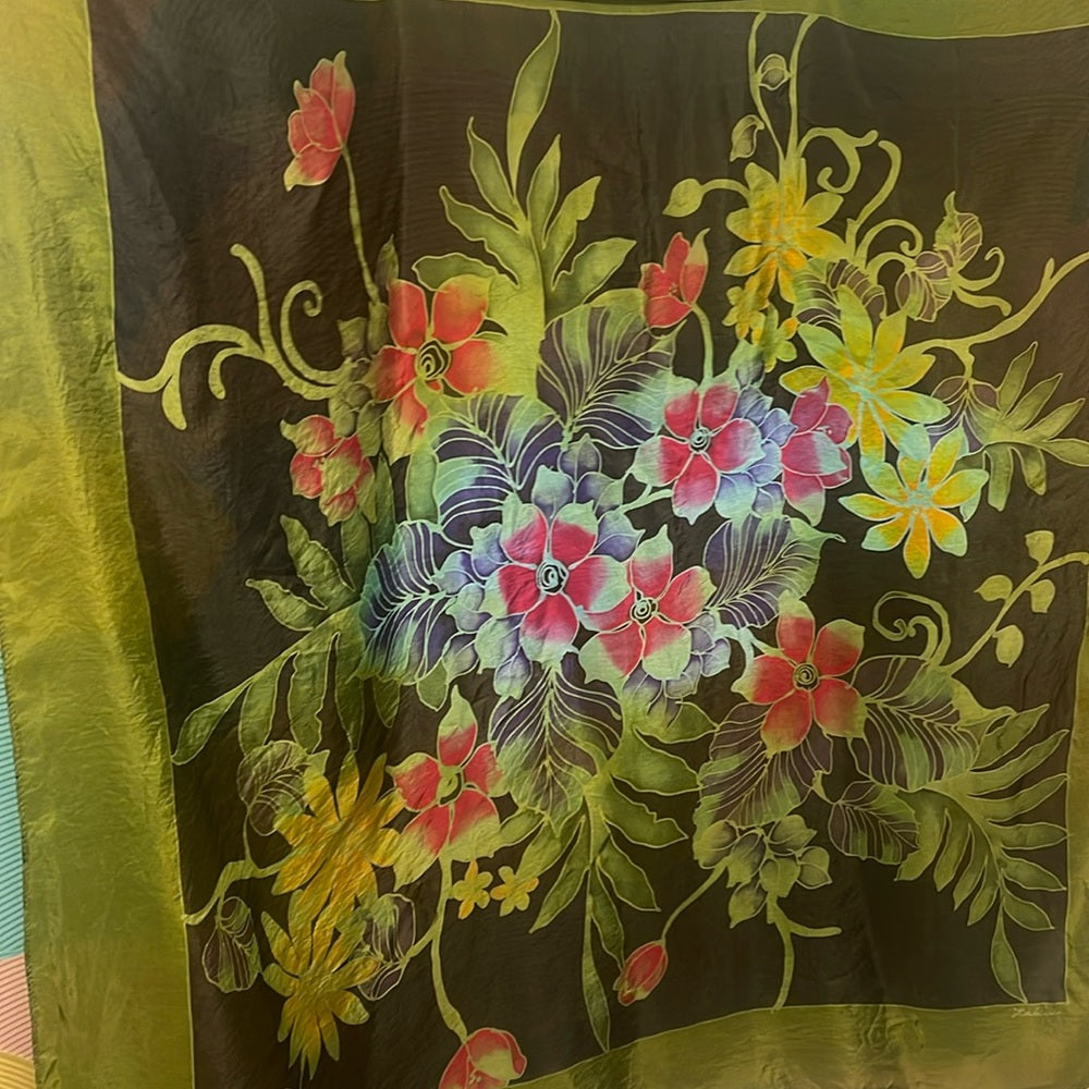 Vintage hand painted artist signed silk green black floral scarf rare handrolled