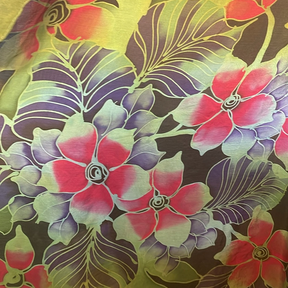 Vintage hand painted artist signed silk green black floral scarf rare handrolled