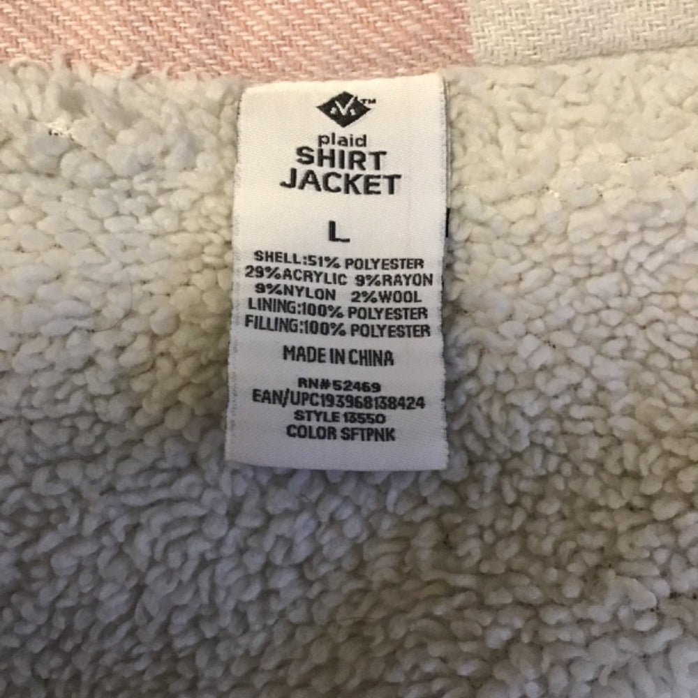 M plaid shirt jacket size L pink white and tan