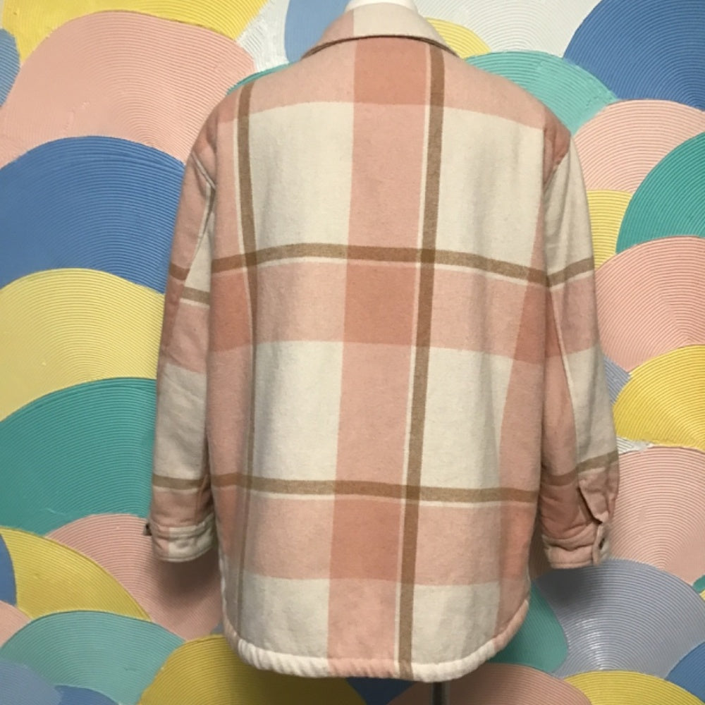 M plaid shirt jacket size L pink white and tan