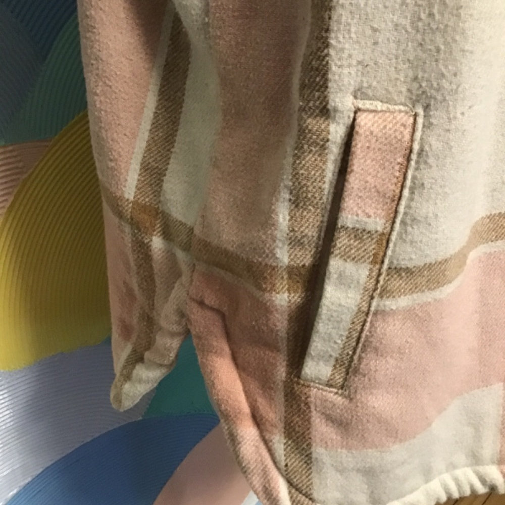 M plaid shirt jacket size L pink white and tan