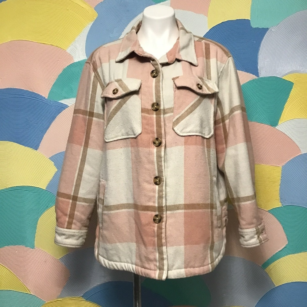 M plaid shirt jacket size L pink white and tan
